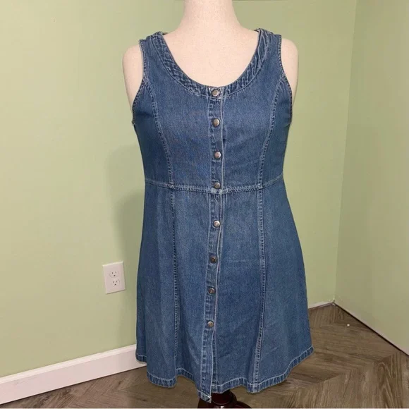 VTG Bugle Boy Snap Up Denim Mini Dress Sleeveless Scoop Neck 90’s Y2K Women’s 12 - Picture 1 of 7